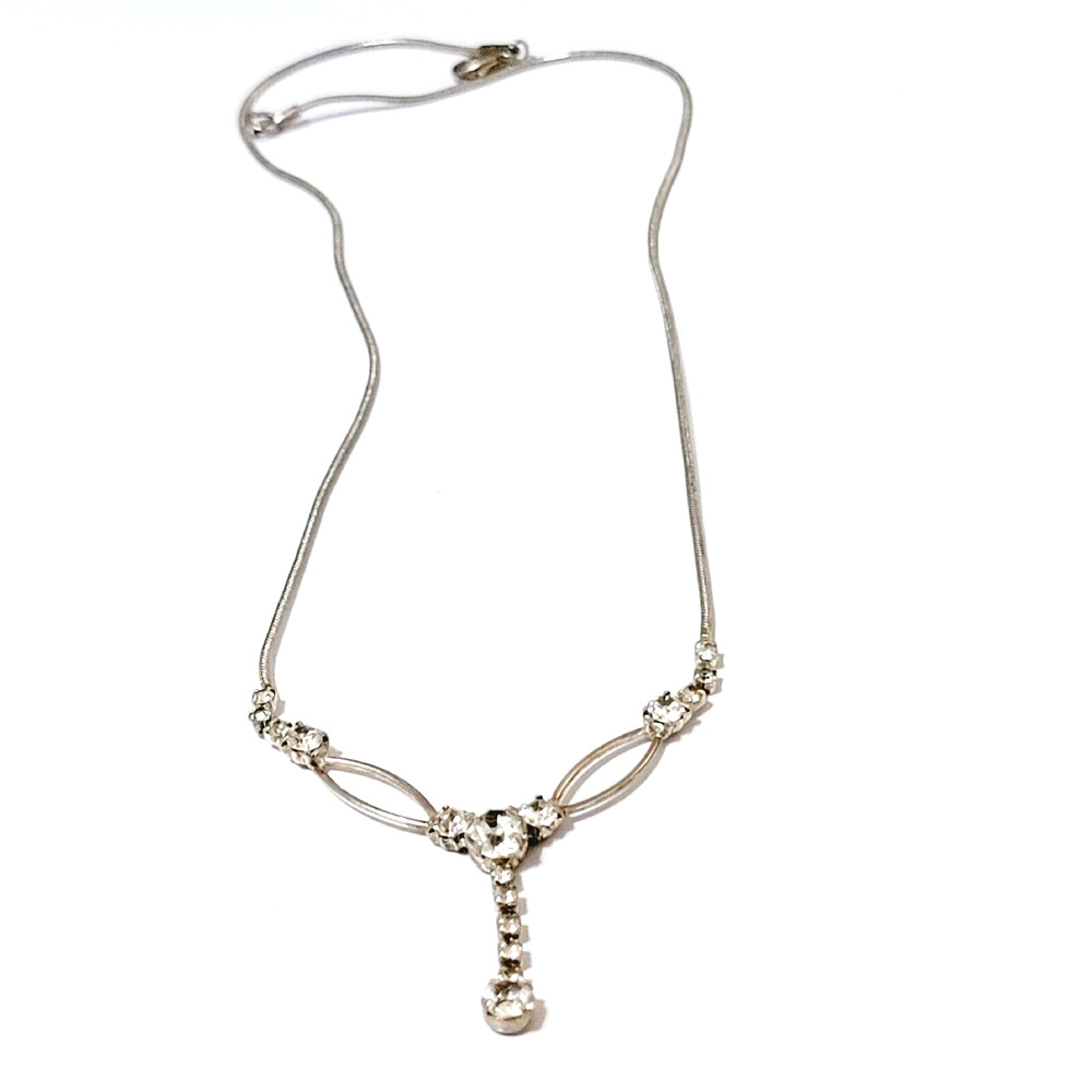 Rhinestone Bib Necklace, Silver-tone, Mid-Century Sparkly Drop Pendant wh03-30 - Picture 8 of 8